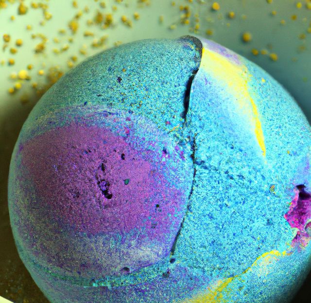 Close-up captures vibrant multicolored bath bomb with hues of blue, purple, and yellow, ideal for promoting relaxation and self-care. Excellent for advertising luxury spa and skincare products or showcasing self-pampering essentials. Perfect for blogs and social media posts related to wellness, beauty, and luxury baths.