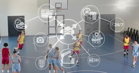 Basketball team practicing indoor court drill with tactical overlay and performance analytics