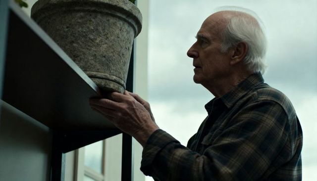 Senior man placing concrete planter on metal shelving in sunroom by tall window