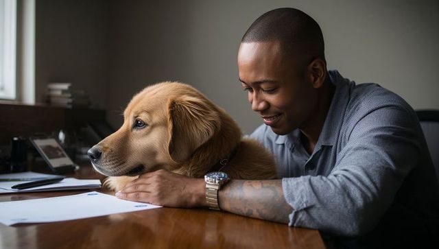 Man and Dog Collaborating in Home Office Environment