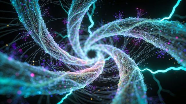 Spiraling neon filament vortex with glowing particle strands and electric energy flow