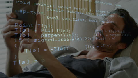 Digital Data Flow with Smartphone Businessman Relaxing