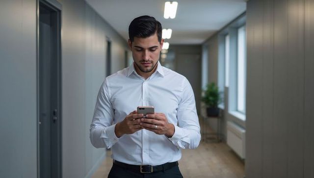 Businessman checking smartphone in modern office corridor, white shirt and dark trousers