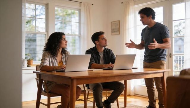 Young Professionals Collaborating in Home Workspace Around Wooden Table with Laptops