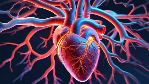 Futuristic medical illustration of heart with glowing coronary vessels, cardiovascular diseases them