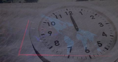 Analog clock overlaying world map in desaturated meadow with rising red chart line