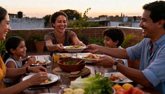 Rooftop family dinner at sunset passing plates and sharing laughter around table