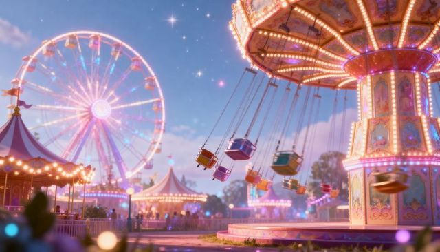 Spinning ornate swing carousel glowing at twilight with ferris wheel and carnival lights