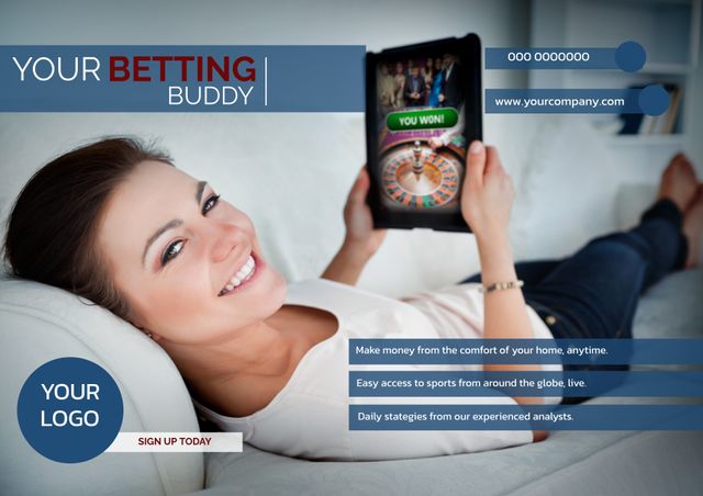 Smiling Woman Enjoying Online Betting on Tablet - Download Free Stock Templates Pikwizard.com