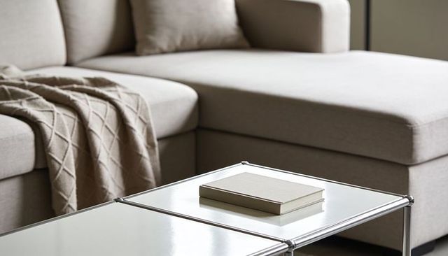Minimal beige sectional with glass coffee table, knit throw and neutral hardcover book