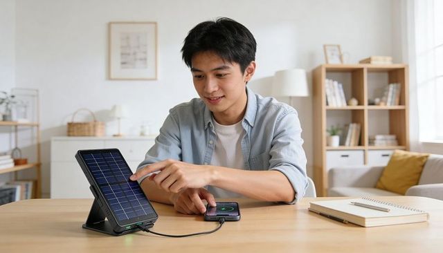 Asian man testing portable folding solar charger while charging smartphone on home desk