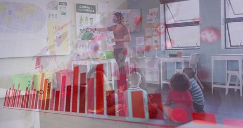 Teacher Conducting a Lesson on Recycling with Visual Graph Overlay