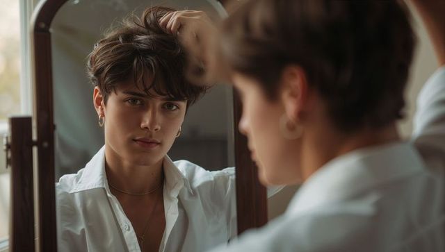 Young man adjusting hair in wooden mirror wearing white shirt and gold jewelry