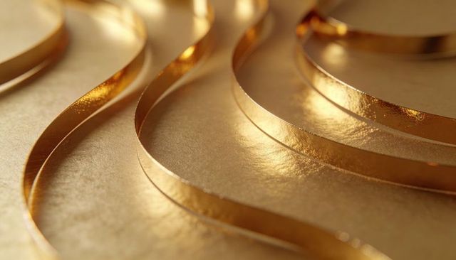 Flowing metallic gold ribbons creating wavy parallel bands on textured gold surface