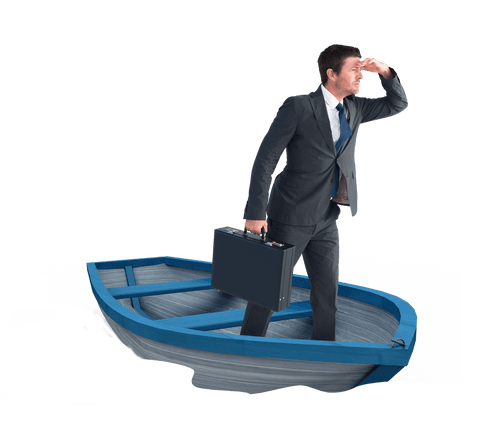 Caucasian Businessman with Suitcase in Boat on Transparent Background