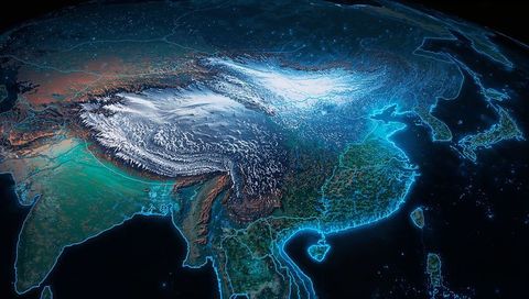 Stylized space view of asian continent with neon borders