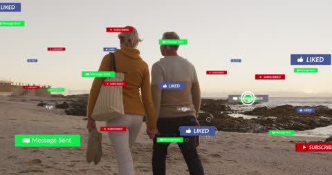 Couple Walks on Beach with Floating Social Media Icons