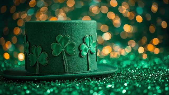 Emerald Shamrock Top Hat with Glitter Bokeh for St Patrick's Day Celebration Background