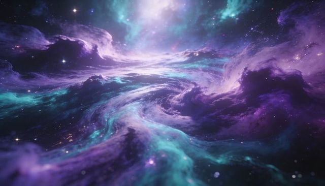 Swirling purple and teal nebula with luminous central glow and streaming cosmic filaments