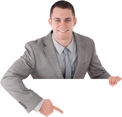 smiling businessman pointing down at transparent banner - Download Free Stock Videos Pikwizard.com