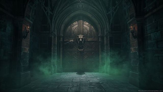 Mysterious Medieval Gothic Hall with Lion-Head Door Knocker