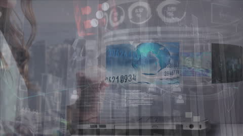 Businesswoman Engaging with Virtual Data Interfaces