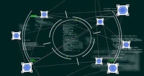 Futuristic circular hud network visualizing connected hex nodes and blurred code backdrop