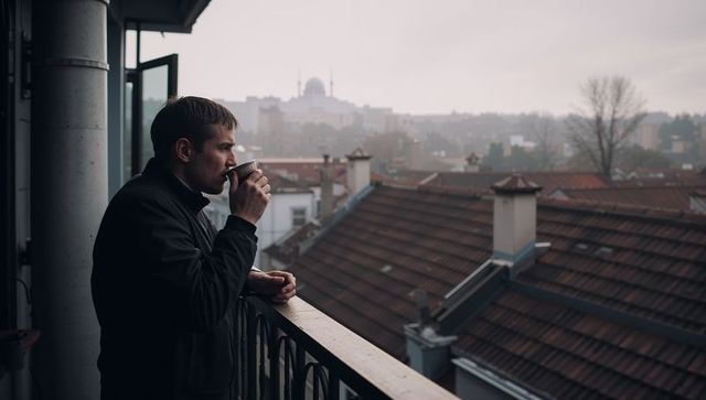 Man sipping coffee on balcony above misty red-tiled rooftops with distant domed skyline
