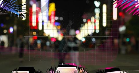 Walking wireframe silhouette in neon bokeh metropolis with grid overlay and tropical leaves