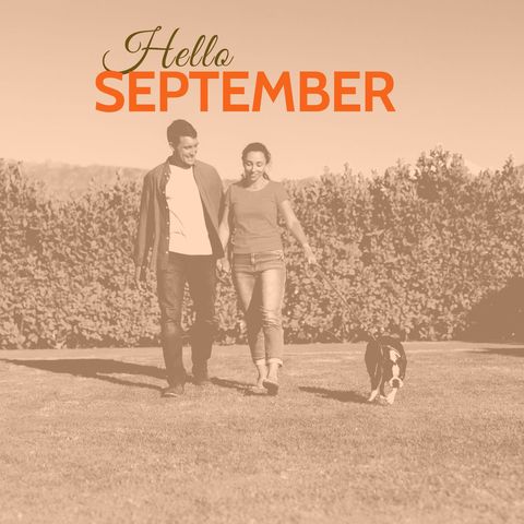 happy couple walking dog in garden with hello september text - Download Free Stock Templates Pikwizard.com