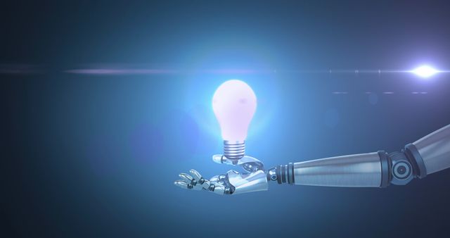 Robot Arm Holding Illuminated Light Bulb with Futuristic Background - Download Free Stock Images Pikwizard.com