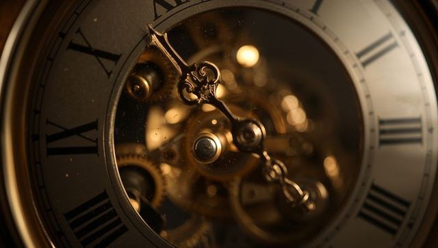 Antique Mantel Clock Macro Revealing Filigree Hands, Exposed Brass Gears and Roman Numerals