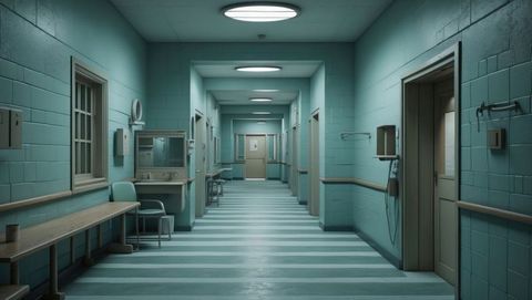 Empty Hospital Corridor with Teal Walls and Wooden Bench