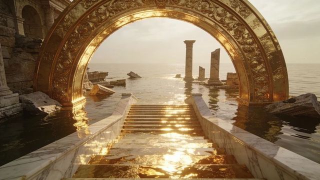 Gilded arch and marble steps descending into sea with sunlit ruins and golden reflections