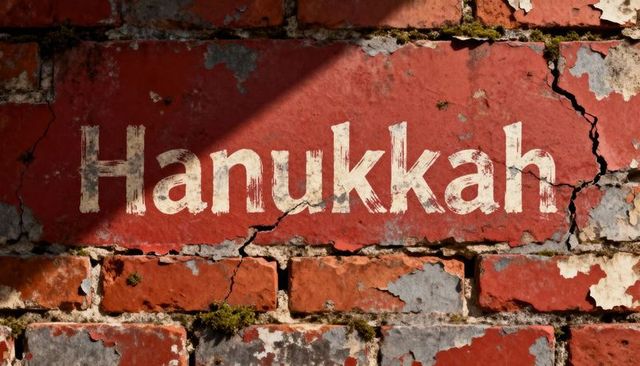 Weathered Hanukkah Lettering Showing Peeling Paint on Cracked Red Brick Wall with Moss