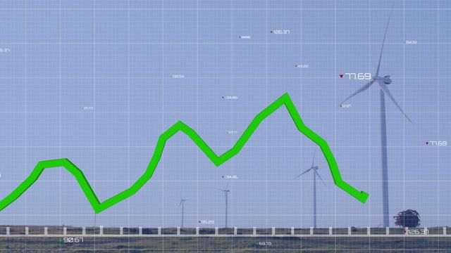 Visualization shows data analytics through green graph overlay on wind farm background, highlighting intersection of technology and renewable energy. Useful for presentations on sustainability, green tech innovation, or energy industry trends.