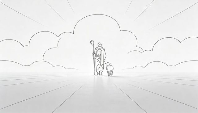 Solitary shepherd walking with sheep guiding crook toward stylized cloud horizon line art