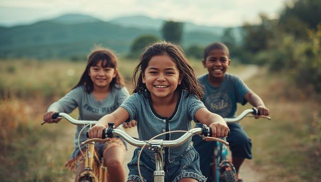 Joyful Children Riding Bicycles on Rural Path