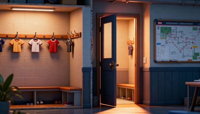 Empty sports locker room with hanging jerseys, wooden benches and open blue door