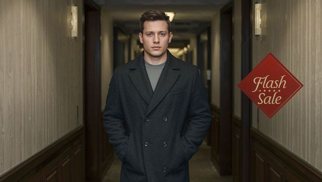 Stylishly dressed man in wood-panelled hotel corridor promoting flash sale