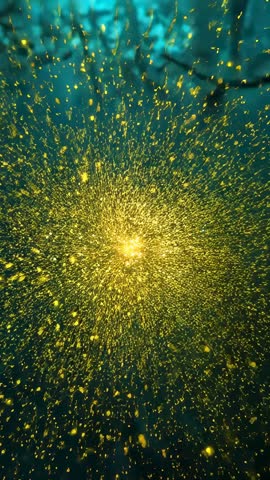 Golden Particle Core Exploding Into Radiant Halo Over Teal Gradient Vertical Motion Loop