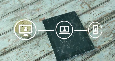 Digital Network Interface with Coffee and Tablet on Wooden Table