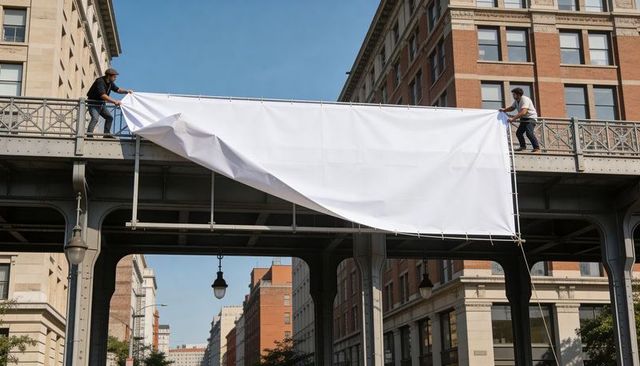 Workers fastening large blank banner on elevated urban viaduct, teamwork in action