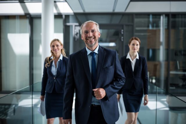 Business team walking confidently in office corridor, showcasing teamwork and professionalism. Ideal for corporate websites, business presentations, leadership articles, and teamwork promotions.