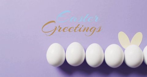 Minimal white easter eggs lined on lavender background with gold script easter greetings
