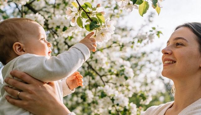 Mother holding baby reaching for white blossoms in sunlit spring orchard
