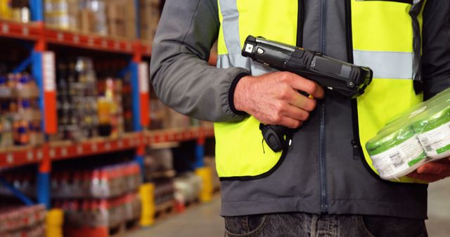 A middle-aged Caucasian man in a high-visibility vest holds a barcode scanner and a product in a warehouse, with copy space. His role suggests he is a warehouse worker managing inventory or preparing items for shipment.