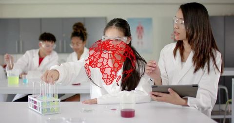 High school students conducting chemistry experiment with red globe network overlay in lab