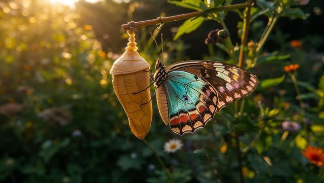 Newly emerging butterfly displaying turquoise wings beside pale chrysalis in golden light