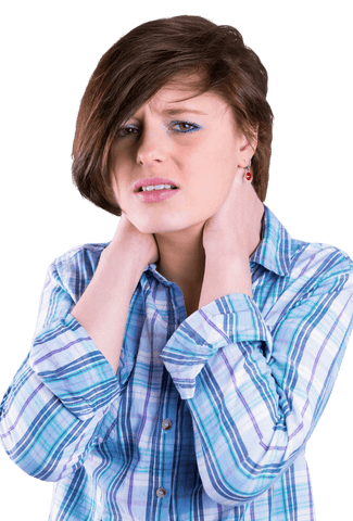 Woman Experiencing Neck Pain in Checkered Shirt Transparent Background